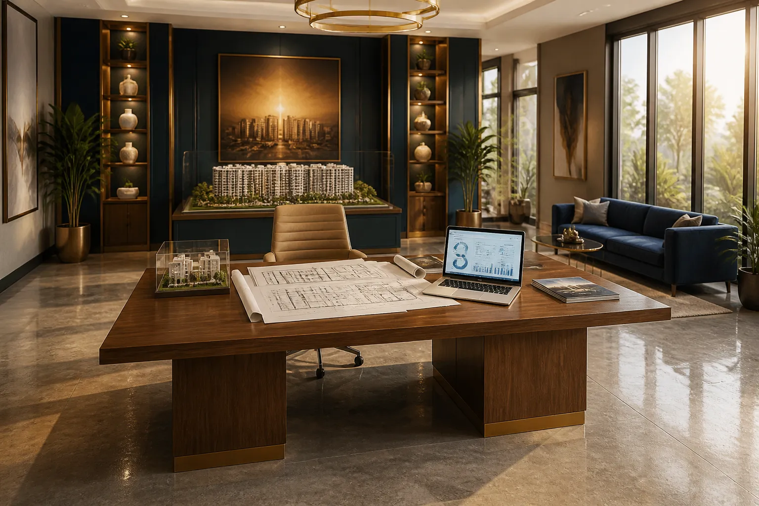 Modern real estate sales office with CRM dashboard and architectural plans